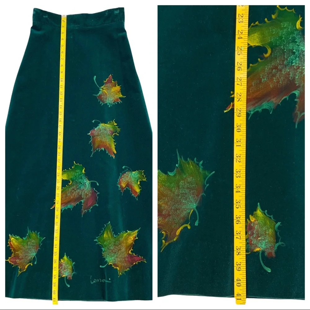 Vintage Italian Made Heavy Weight Green Velvet Skirt Custom Hand Painted Leaves